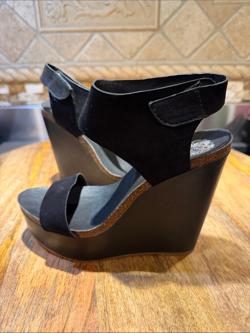 Black Wedge Sandals with Ankle Strap - Women